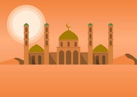 Mosque in Desert with Sunset Background. vector