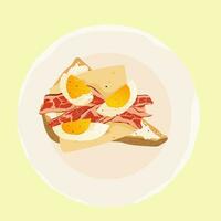 Breakfast toast with cream cheese, bacon and boiled eggs on a plate. Crispy bread. Breakfast served in style. Healthy breakfast. Sandwich. Vector illustration.