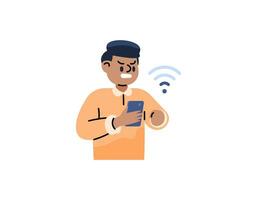 ilustración de un hombre quien es trastornado porque su Wifi señal es débil. enojado porque el Internet es lento. red problemas o No conexión. el facial expresión de gente. plano o dibujos animados estilo vector