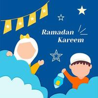 Ramadan Kareem, Islamic greeting card design with happy Muslim kids holding lantern. For poster, media banner, flyer, social media. vector