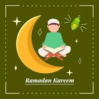 Ramadan Kareem, Islamic greeting card design with Muslim boy is reading the Qur'an, lantern, and moon. For poster, media banner, flyer, social media. vector