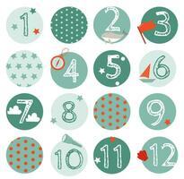 A vector set of cute digits for the first year of the baby with different elements of the sea theme