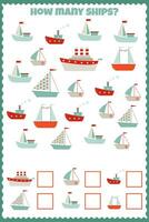 Vector task for children in math to count the number of ships in the picture