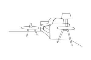 One continuous line drawing of Home interior design concept. Doodle vector illustration in simple linear style.