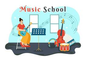 música colegio vector ilustración con jugando varios musical instrumentos, aprendizaje educación músicos y cantantes en plano niños dibujos animados antecedentes