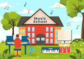 música colegio vector ilustración con jugando varios musical instrumentos, aprendizaje educación músicos y cantantes en plano niños dibujos animados antecedentes