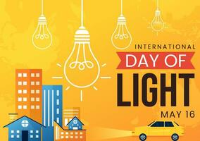 internacional día de ligero vector ilustración en mayo dieciséis a el importancia utilizar de lámpara y ahorros en humano vida en plano dibujos animados antecedentes