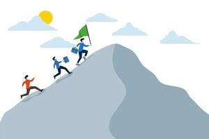 business team running to reach the top of the mountain, successful business, leadership to lead the team to achieve the goal, motivation and teamwork to succeed, challenge to achieve the target. vector