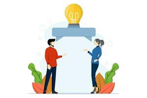 effective communication to exchange ideas and produce solutions or results, Communicating ideas in business discussion, Businessman and female coworkers talking speech bubble with light bulb idea. vector