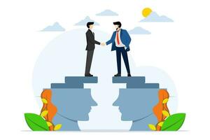 businessman shaking hands from head for deal, negotiation skills for leadership, psychology for dealing with people or collaboration for success concept, partner agreement or collaboration meeting. vector