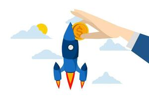 Concept Funding a new company or venture capital investment, investor entrepreneur putting coin into innovative rocket to launch cost or company budget for new business, paying project launch concept. vector