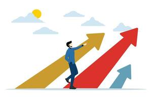 leader concept, successful businessman standing on top with growth arrow pointing to a bright future, successful businessman or visionary to lead the company. flat vector illustration.