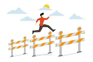 Business challenge concept, ambitious businessman jumping over obstacles to find higher obstacles, overcoming difficulties or obstacles to achieve business success, efforts, skills to solve problems. vector