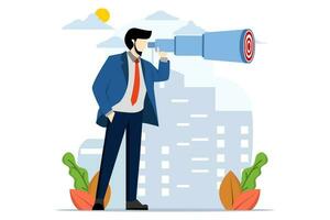 concept of finding a goal or finding a strategy to achieve a goal, a businessman looks through a telescope to find a target or goal, Looking for a target or business goal. flat vector illustration.