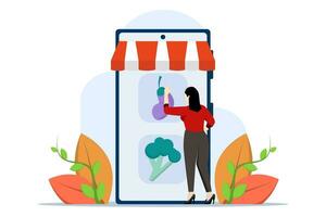 grocery food concept. Characters buy online fresh organic vegetables and other groceries, pay for the order and receive delivery. Online supermarket concept. Flat vector illustration.