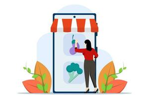 grocery food concept. Characters buy online fresh organic vegetables and other groceries, pay for the order and receive delivery. Online supermarket concept. Flat vector illustration.