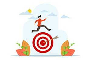 concept of mission success or victory, Skilled successful businessman jumps arrow right on target. Achieving targets, achievements, achieving goals or getting business goals and objectives. vector