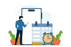 Schedule planning concept. Plan the characteristics of work assignments, business and organizational concepts, fill out checklists, make schedules using a calendar. Flat vector illustration.