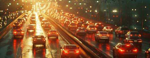 ai generado tráfico en el autopista en grande tráfico luces foto