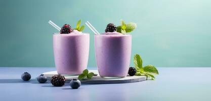AI generated two purple fruit yogurt smoothies on a table photo
