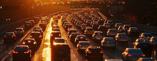 ai generado tráfico en el autopista en grande tráfico luces foto