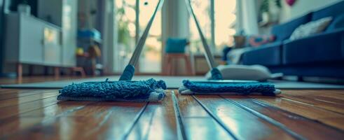 AI generated two pairs of mops on a wooden floor inside a living room photo