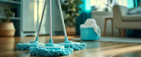 AI generated two mop and mopstick standing on wooden floor in living room photo