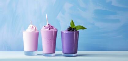 AI generated two purple fruit yogurt smoothies on a table photo