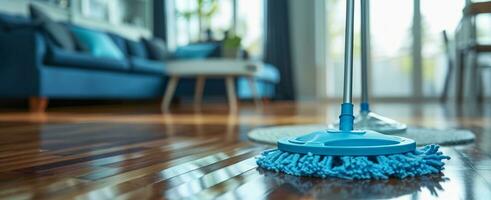 AI generated two mop and mopstick standing on wooden floor in living room photo