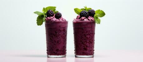 AI generated two blackberry smoothies with mint on white background photo