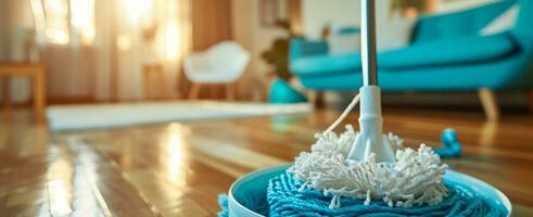 AI generated two mop and mopstick standing on wooden floor in living room photo