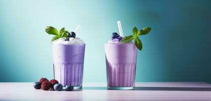 AI generated two purple fruit yogurt smoothies on a table photo