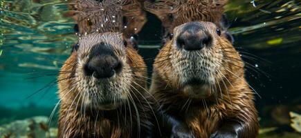 AI generated two beavers with one looking up underwater photo
