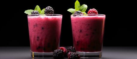 AI generated two blackberry smoothies with mint on white background photo