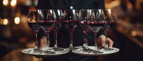 AI generated three servers hold wine glasses on a platter while waiting for orders photo