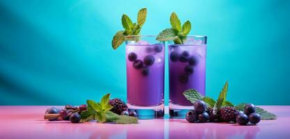 AI generated two glasses with blueberry juice and mint leaf photo