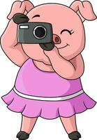 Cute pig cartoon with camera on white background vector