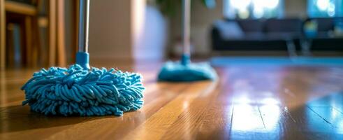 AI generated two pairs of mops on a wooden floor inside a living room photo