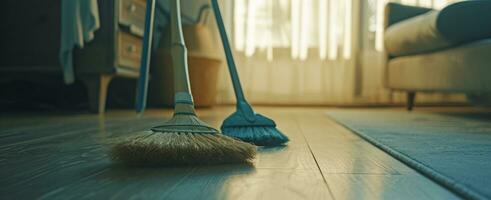 AI generated two cleaning brooms in a living room photo