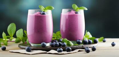 AI generated two glasses with blueberry smoothies on the table photo