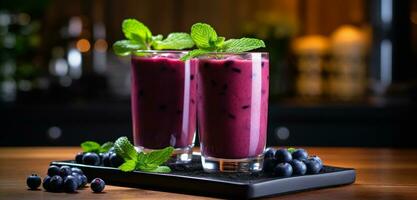 AI generated two glasses with blueberry juice and mint leaf photo