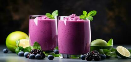 AI generated two glasses with blueberry smoothies on the table photo