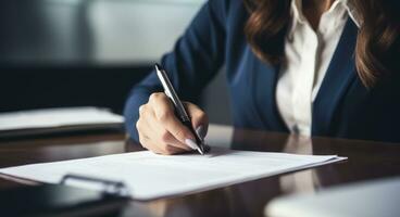 ai generado joven profesional mujer firma documento a mesa foto