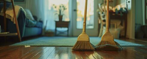 AI generated two cleaning brooms in a living room photo