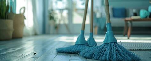 AI generated two cleaning brooms in a living room photo