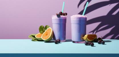 AI generated two purple fruit yogurt smoothies on a table photo