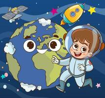 Vector Illustration Of child astronaut feels happy in space