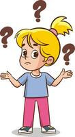 Cartoon boy with question marks on white background. Vector illustration.