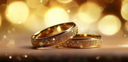 AI generated wedding rings on gold background with bokeh lights photo