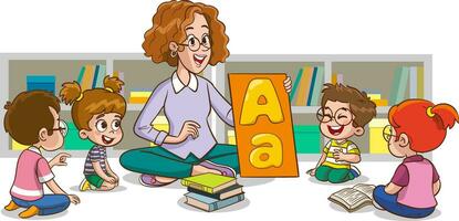 Vector illustration of cute little kids sitting on the floor and studying the alphabet with their teacher